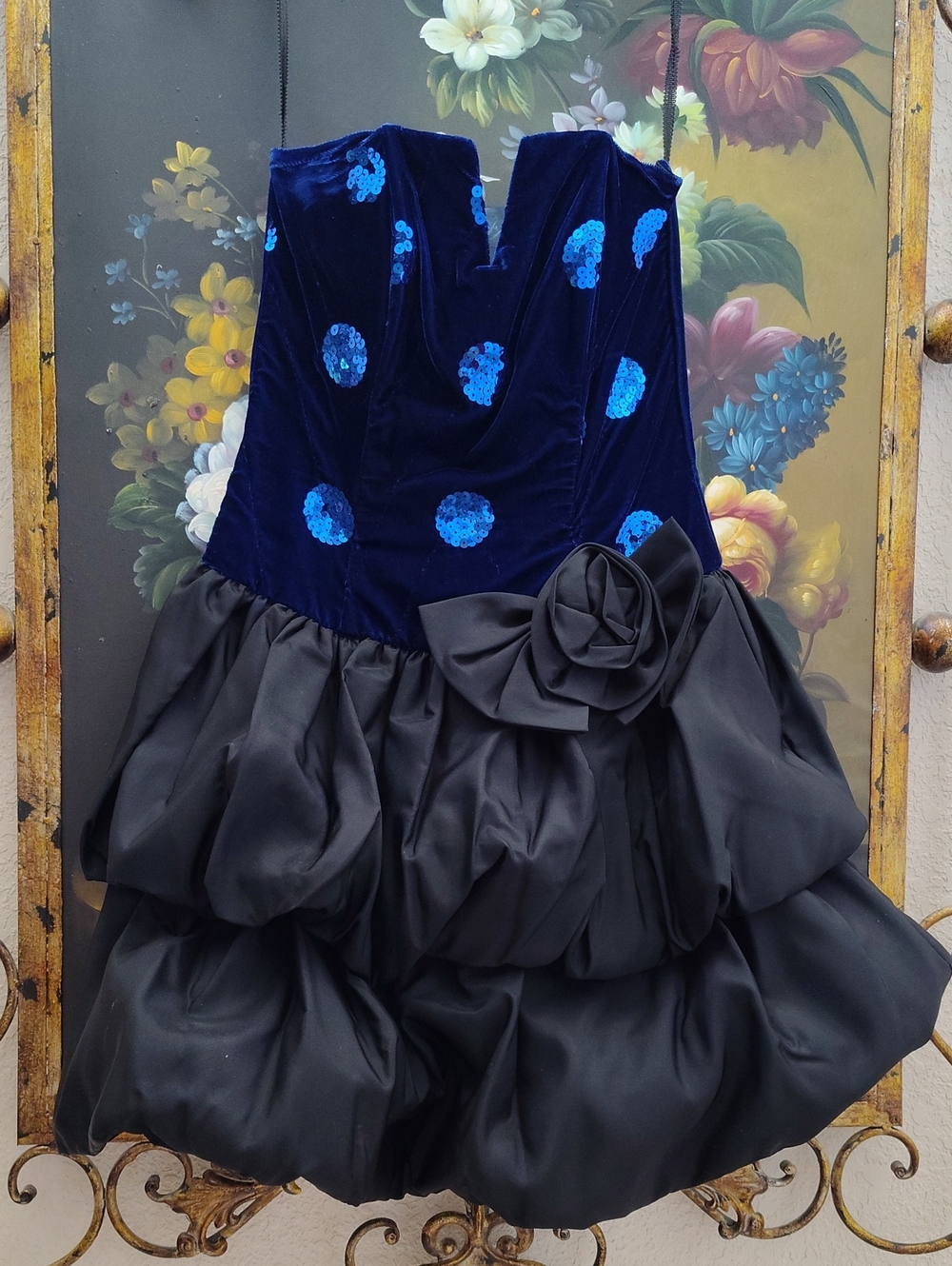 Vtg USA Made Tiered Bubble Skirt Cocktail Dress, Velvet, Sequins, Taffeta